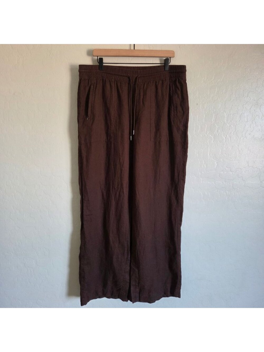 Athleta Retreat Wide Leg High-Rise 100% Linen Pants Woodland Brown XL Lagenlook